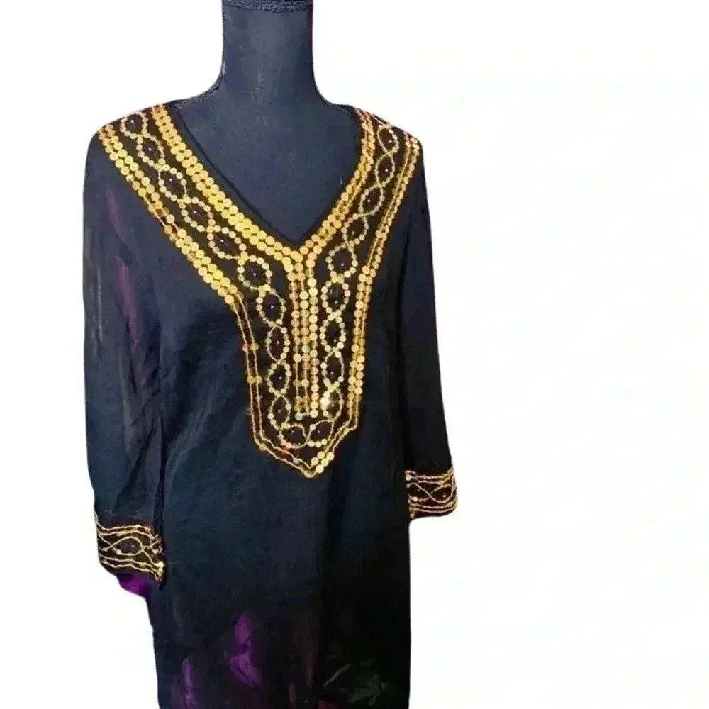 NWT Black Sheer Bathing Suit Cover Up with Gold Sequin Size M
